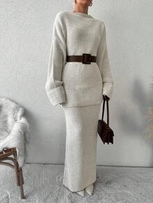 Drop Shoulder Sweater & Knit Skirt Without Belt - Beige - View 3