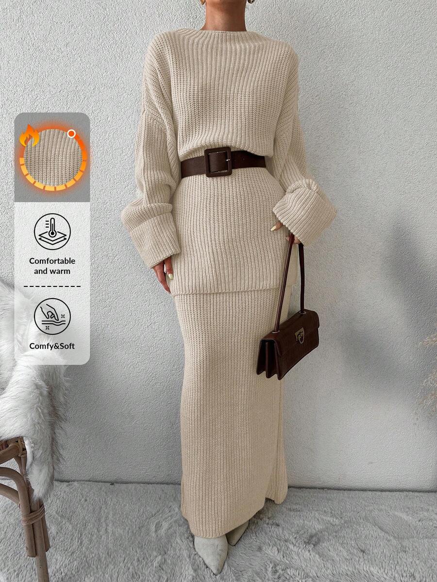 EURMUSE Bộ 2 món áo len dệt kim trơn màu thường ngày dành cho nữ, Thu/Đông - trắng - Xem 1