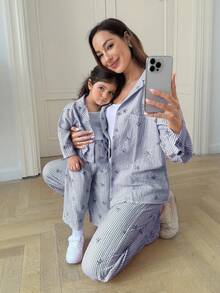 SHEIN Babygirl Cute Vacation Casual Versatile Blue & White Striped Bowknot Long Sleeve Shirt & Elastic Waist Pants Set Fall Winter