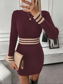 SHEIN LUNE 条纹高领紧身毛衣连衣裙 - 彩色 - 查看 5