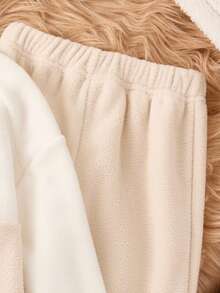 SHEIN 2pcs Toddler Boys Bear Pattern Fluffy Sweatshirt And Straight Leg Pants Set Fall Winter - Beige - View 3