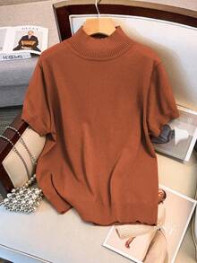 SHEIN LUNE Fitted Knit Sweater Top, Short Sleeve - Rust Brown - View 1