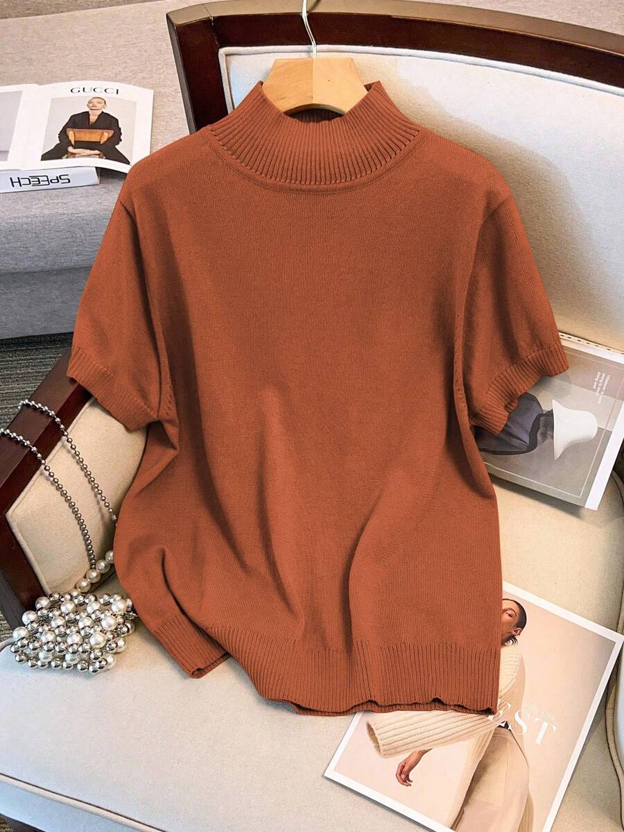 SHEIN LUNE Fitted Knit Sweater Top, Short Sleeve - Rust Brown - View 1