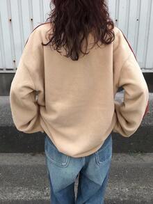 FRIFUL 女式休闲拉链撞色灯芯绒字母印花宽松夹克，棕色 - 卡其色 - 查看 4