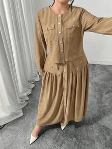 Modelyn Textured Fabric Shirt Collar Button Down Long Sleeve Skirt Elegant Luxurious Socialite Style Plus Size 2 Pieces Set - Khaki - View 3