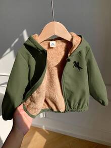 SHEIN 男女通用婴儿休闲可爱百搭卡其色羊毛加厚连帽夹克，男婴/女婴秋冬装 - 軍綠色 - 查看 8