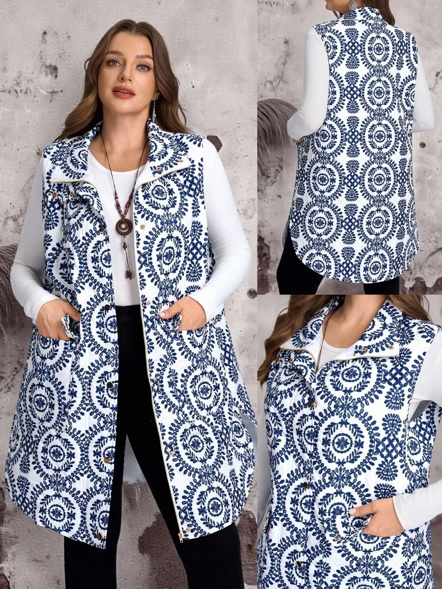 EMERY ROSE Plus Size Women Plant Pattern Zip Front Casual Pocket Sleeveless Winter Jacket Fall Autumn - Blue - View 1