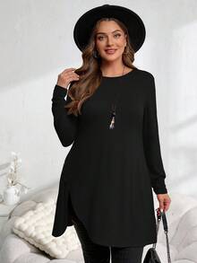 EMERY ROSE Áo thun dài cài nút viền bất đối xứng màu đỏ cỡ lớn, quần áo nữ mùa thu - màu đen - Xem 3