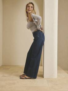 Aralina 女士休闲牛仔夏/秋/冬 Y2K 90 年代复古高腰流苏腰带牛仔裤，非常适合乡村音乐会服装、教师服装和万圣节服装 - 深色水洗藍 - 查看 11