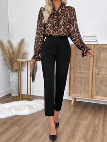 SHEIN LUNE Women's Leopard Print Long Sleeve Shirt And Black Pants 2 Pieces Set,Elegant Chic Autumn Winter Office Outfits For Women - Multicolor - View 3