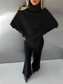 Aloruh Women's New Off-Shoulder Wrap Extra Long Sweater, Milky White, Autumn/Winter,Fall,Black Top - Black - View 6