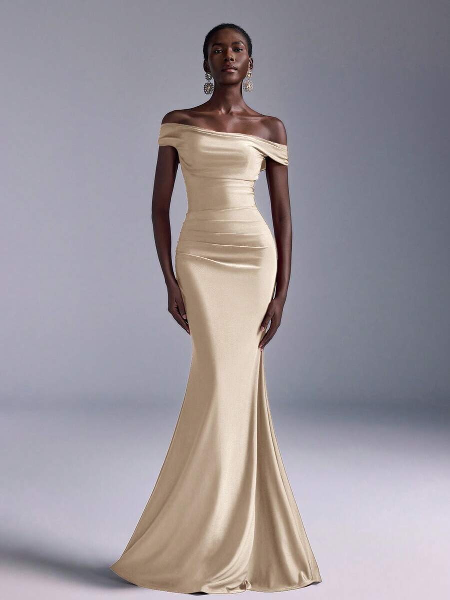 Elitara Elegant Ruched Off Shoulder Mermaid Dress, Suitable For Weddings, Parties, Vacations, Prom, Bridesmaid (Adult) - Apricot - View 1