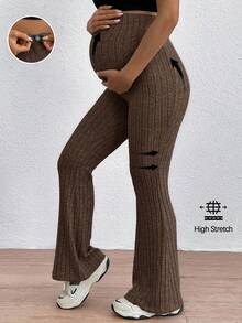 SHEIN 孕妇可调节腰部紧身喇叭裤超高腰长裤 - 棕色 - 查看 3