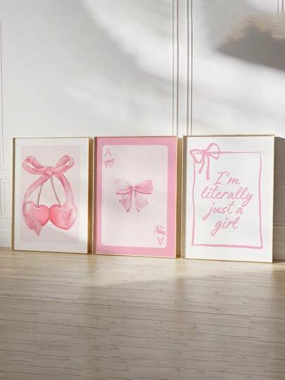 SHEIN 1/3pcs Pink Bows Wall Art Picture Preppy Cherries Prints Canvas Paintings I'm Literally Just A Girl Posters Girly Aesthetics Decor For Living Room ,Bedroom,Dorm, Room Decor Unframed