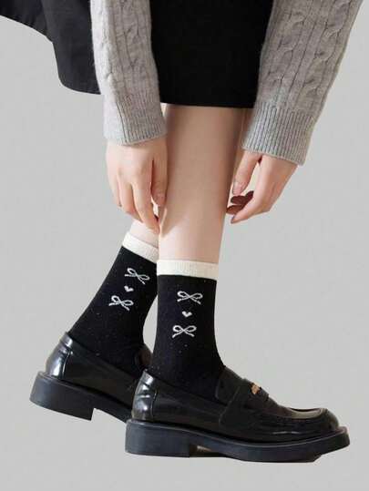 5 Pairs Black & White Bowknot Mid-Calf Socks, Minimalist Fashion Casual Socks For Everyday Wear
