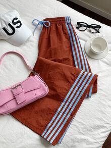 Comfortcana 女士时尚休闲红棕色侧条纹松紧腰宽松运动裤 - 紅木色 - 查看 5