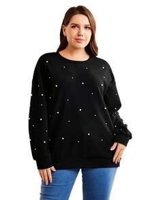 SHEIN LUNE Plus Drop Shoulder Faux Pearl Beaded Pullover Sweatshirt Winter Fall Autumn - Black - View 1