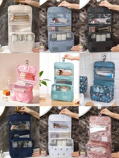 SHEIN 1个挂式化妆包 – 夏季旅行洗漱包，多功能化妆包，PVC多用途洗漱包，大容量洗漱包；带挂钩（挂式设计），防水，适用于指甲油、粉底液、粉饼、散粉、眼影、液体眼影、眼线笔、假睫毛、爽肤水和乳液、化妆刷、面霜、精油、眉笔、眉粉、口红、唇彩、梳子、耳机；邮轮旅行和宿舍生活必备