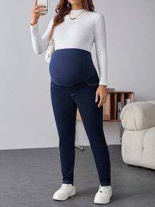 SHEIN Maternity Navy Blue Skinny Jeans For Pregnant Women,Thermal Lined Over The Bump Denim With Stretchy Belly Panel,Smart Casual Autumn Winter Streetwear - Blue - View 5
