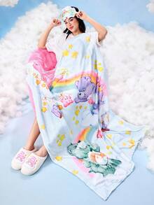 SHEIN X Care Bears 1pc Rainbow Bear Pattern Flannel Blanket, Purple/Pink/Green, Rainbow Cloud & Star Print, Thick Warm Bed/Sofa/Shawl Blanket - Baby Blue - View 2