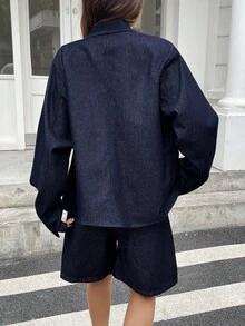 Livesso Women's Casual Notched Collar Double Pocket Denim Jacket And Denim Shorts Set, Autumn School - Blue - View 2