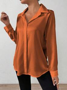 SHEIN PETITE 女式纯色缎面简约不对称下摆衬衫 - 橘色 - 查看 3
