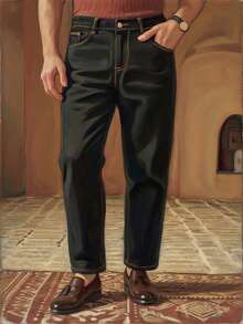 Manfinity NXTstreet Men's Casual Five-Pointed Star Pattern Slim Tapered Black Jeans, Old Money