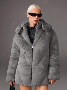 CasuGlow Áo khoác mùa đông chi tiết lông giả màu trơn cho nữ - Xám - Xem 8