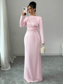 Lyxana 情人节单件缎面褶皱优雅浪漫女士连衣裙长款女装 - 粉色 - 查看 5