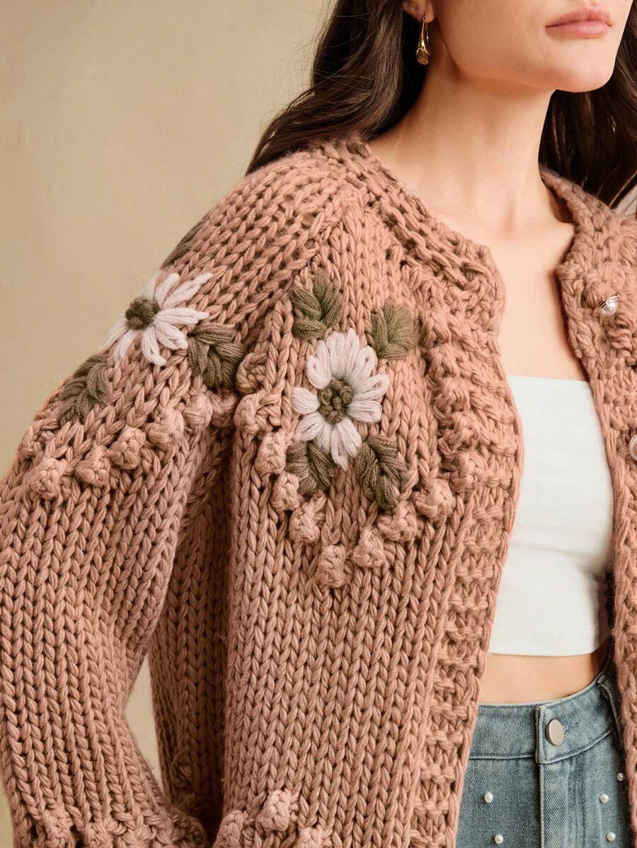 Anewsta Handmade Embroidered Thick Knit Cardigan Sweater Jacket For Women, Autumn/Winter - Coral Pink - View 1