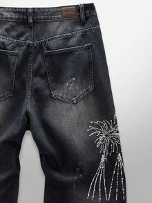 NEON BLANC X LYSMO COLLAB Men's Firework Embroidery Beaded Washed Casual Denim Jeans, Couple Things - Dark Wash - View 7