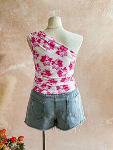 Soleia 大码女式优雅度假褶皱肩针织印花背心 - 粉色 - 查看 2