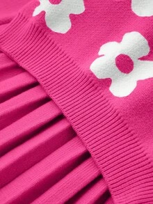 SHEIN 女童甜美百搭圓領藍色針織衫搭配花卉百褶裙，適合外出、派對與返校穿著 - 玫紅色 - 查看 6