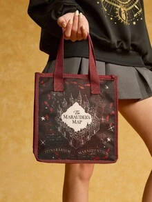 HARRY POTTER X SHEIN 1个印有活点地图图案的保温午餐包，可保温或保冷，大容量野餐包，可装午餐盒和饮料，适合野餐、露营、旅行、居家使用、家庭、学生、魔术表演、圣诞节、送礼等场合。 - 棕色 - 查看 3