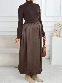 SHEIN 孕妇百褶休闲针织长袖高领连衣裙，秋季 - 咖啡棕 - 查看 1