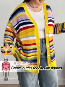 Enliva 大码女式长袖开衫，彩色条纹针织毛衣，秋冬女装 - 彩色 - 查看 10