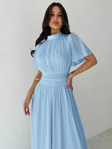 Firerie Women's Elegant Romantic Elegant Daily Commute Beach Vacation Stand Collar Pleated High Waist A-Line Flare Sleeve White Dress Blue - Baby Blue - View 7