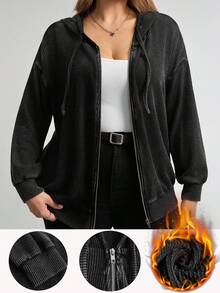 Comfylo 大码休闲宽松水洗卫衣，大码女款落肩长袖拉链抽绳卫衣，慵懒休闲风，海军蓝复古风，适合秋季穿着。 - 深灰色 - 查看 2