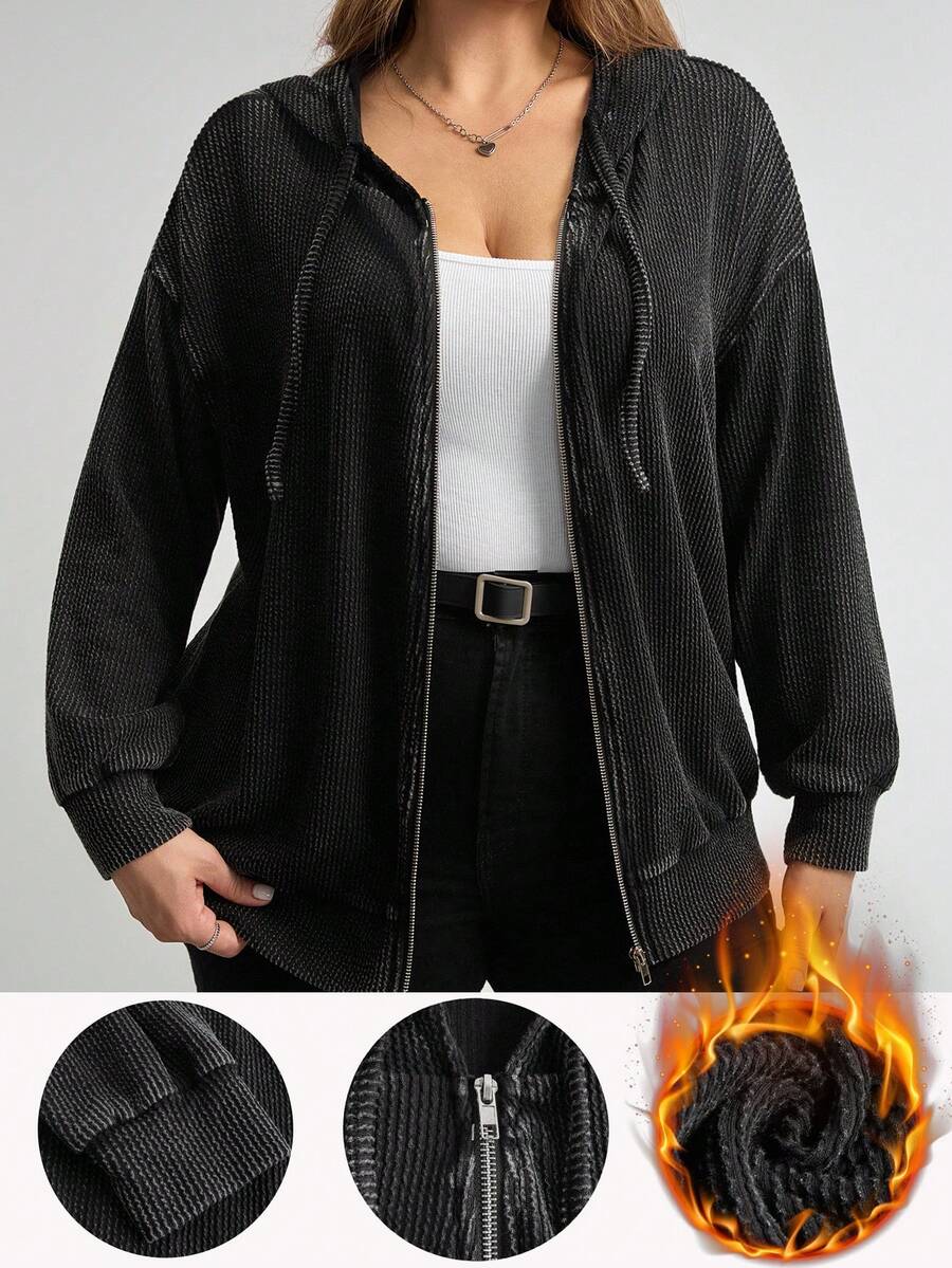 Comfylo 大码休闲宽松水洗卫衣，大码女款落肩长袖拉链抽绳卫衣，慵懒休闲风，海军蓝复古风，适合秋季穿着。