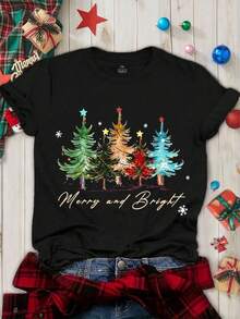 EMERY ROSE Women's Christmas Tree Casual Round Neck Short Sleeve T-Shirt, Cheerful And Bright Tree, Women's Christmas Shirt, Women's Holiday Shirt, Christmas Gift, Chic Winter Shirt, Cute Holiday T-Shirt, Christmas Tree Shirt, Christmas T-Shirt, Women's Clothing - Black - View 1