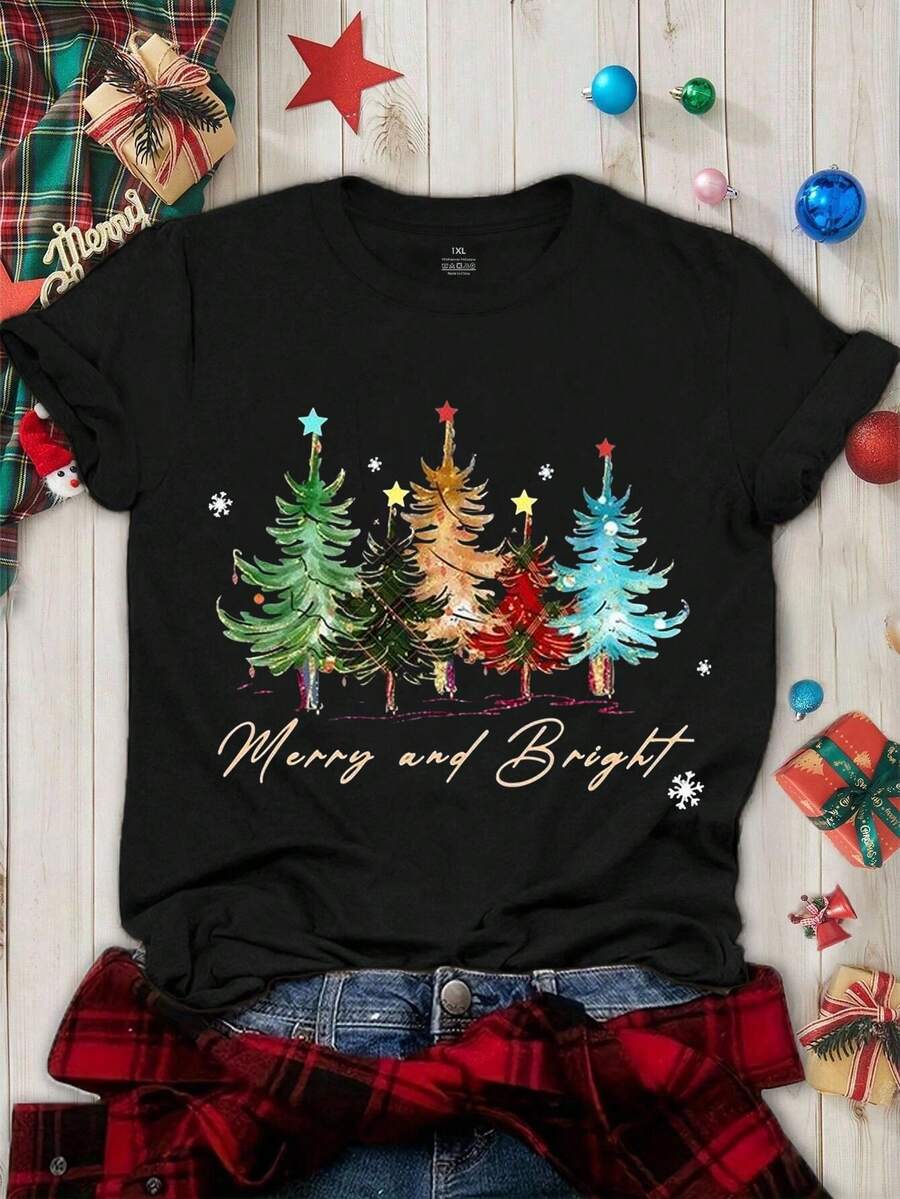 EMERY ROSE Women's Christmas Tree Casual Round Neck Short Sleeve T-Shirt, Cheerful And Bright Tree, Women's Christmas Shirt, Women's Holiday Shirt, Christmas Gift, Chic Winter Shirt, Cute Holiday T-Shirt, Christmas Tree Shirt, Christmas T-Shirt, Women's Clothing - Black - View 1