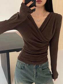 DAZY Women's Warm Fleece Crossed T-Shirt, Fall Clothes Long Sleeve Women Tops, Thermal Lined,Winter