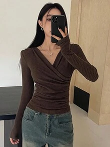 DAZY Women's Warm Fleece Crossed T-Shirt, Fall Clothes Long Sleeve Women Tops, Thermal Lined,Winter