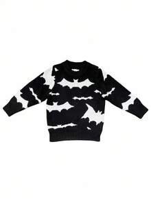 SHEIN Halloween Tween Boy Bat Allover Print Crew Neck Long Sleeve Sweater,Black And White,Autumn,Cute,Matching Family Fall Winter Kids Teen Boys Pullover - Black - View 5
