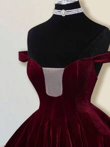 SHEIN ICON Elegantes Damen-Minikleid aus burgunderrotem Samt mit Perlen, herbstliches figurbetontes Abendkleid mit einem Schulterträger und Diamant-Verzierung, großes ausgestelltes Kleid für Party und Bankett, White Day Party - Bordeaux - Übersicht 4