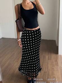 SHEIN EZwear Polka Dot Print Elegant Slim Fit Midi Skirt, Suitable For Commuting Polka Dot Skirt Maxi Skirt Black And White Polka Dot Skirt Polkadot Skirt Black And White Skirt Black Polka Dot Skirt Long Polka Dot Skirt Black Skirt Black And White Polkadot Skirt Polka Dot Long Skirt Black Maxi Skirt