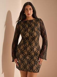 SHEIN BAE 大码女装春夏高街黑色迷你短裙，适合日常、通勤、郊游、约会、下午茶、度假、法式连衣裙、晚礼服、生日礼服、伴娘服、简洁优雅的日常连衣裙、婚纱、伴娘服、小黑裙、鸡尾酒会礼服、适合度假、海滩性感连衣裙 - 黑色 - 查看 5