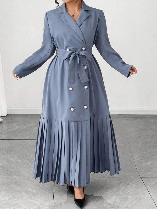 Elenzga 新款大码女式纯色长袖西装领褶皱长外套，商务休闲通勤，优雅复古，适合日常穿着