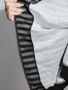 ROMWE Avant Y2K Kpop 街头风休闲黑灰条纹人造毛皮拼接水钻装饰宽松连帽衫（女款） - 黑色 - 查看 8