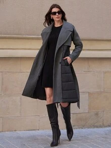 SHEIN Tall Tall Size Women Long Padded Patchwork Coat For Autumn And Winter - Black - View 7
